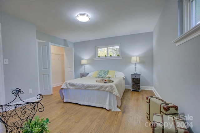 bedroom featuring a spacious closet, a closet, and light hardwood / wood-style floors