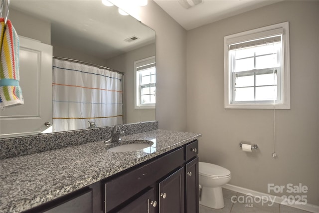 bathroom with vanity, tile patterned floors, and toilet