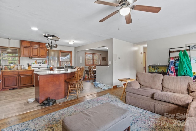 living room with light hardwood / wood-style floors, ceiling fan, and sink