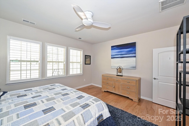 bedroom featuring ceiling fan and light hardwood / wood-style floors