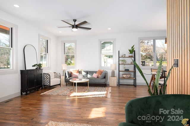 living room with plenty of natural light, ceiling fan, and dark hardwood / wood-style flooring