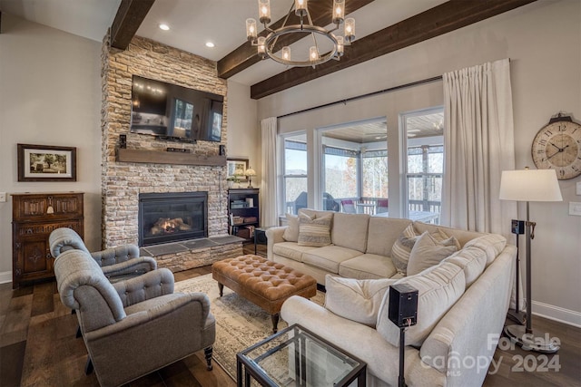 living room with a fireplace, beam ceiling, dark hardwood / wood-style floors, and a notable chandelier