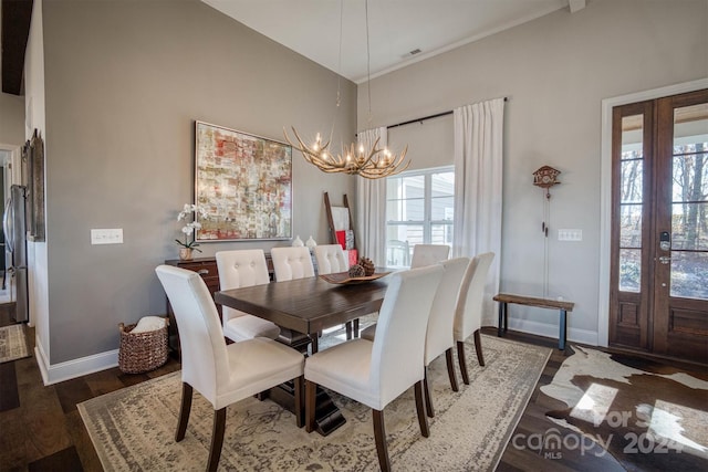 dining space featuring a chandelier, plenty of natural light, and dark wood-type flooring