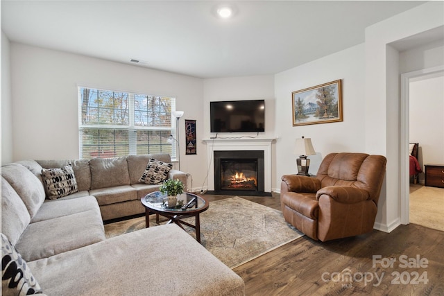 living room with dark hardwood / wood-style flooring