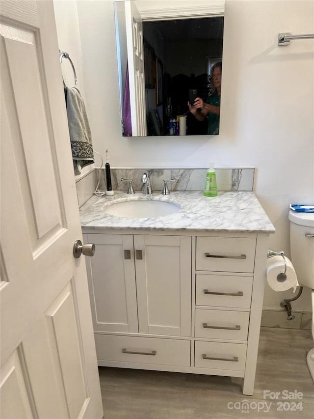 bathroom with wood-type flooring, vanity, and toilet