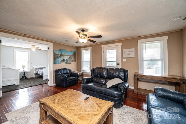 living room with crown molding, dark hardwood / wood-style flooring, ceiling fan, and a textured ceiling