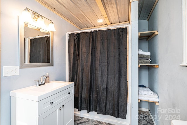 bathroom featuring vanity, wooden ceiling, and shower / tub combo