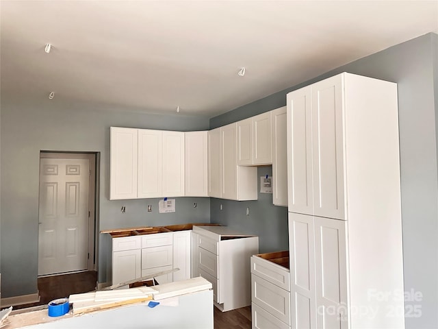 kitchen with white cabinetry and dark wood-type flooring