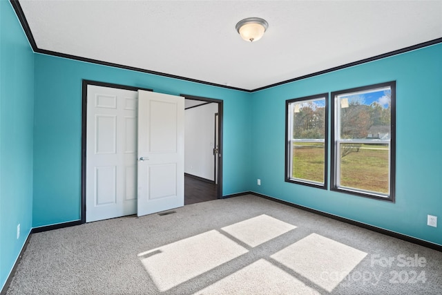 unfurnished bedroom featuring carpet floors and ornamental molding