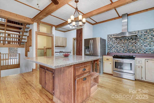 kitchen featuring pendant lighting, appliances with stainless steel finishes, light hardwood / wood-style floors, decorative backsplash, and wall chimney exhaust hood