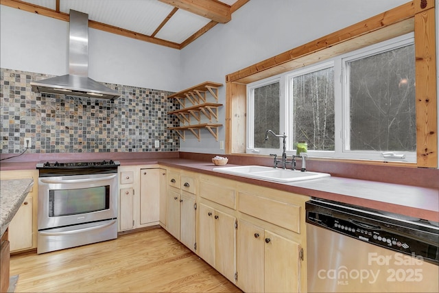 278 Kelses Valley Dr, Mars Hill, NC 28754 - kitchen with light wood finished floors, a sink, wall chimney exhaust hood, decorative backsplash, and appliances with stainless steel finishes