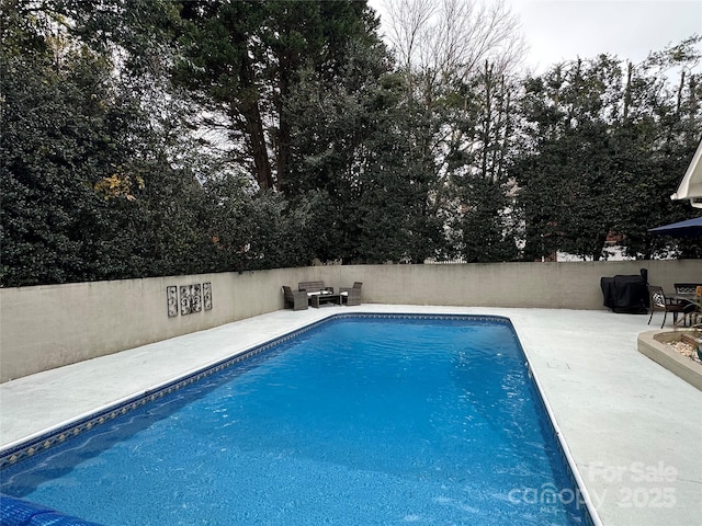 view of pool featuring a fenced backyard, a fenced in pool, and a patio