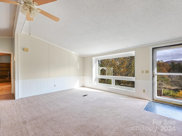 unfurnished living room with carpet flooring, a textured ceiling, vaulted ceiling, and a healthy amount of sunlight