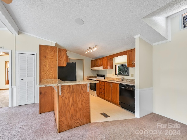 kitchen featuring light carpet, a textured ceiling, lofted ceiling, and black appliances