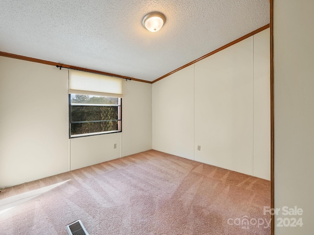 carpeted spare room with a textured ceiling and ornamental molding