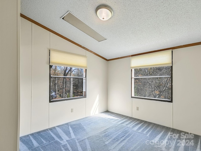 unfurnished room with carpet, a textured ceiling, crown molding, and lofted ceiling