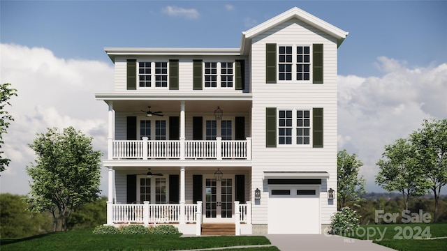 view of front facade with covered porch, a garage, a front lawn, and french doors