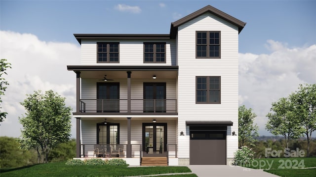 view of front facade with french doors, a balcony, a front yard, covered porch, and a garage