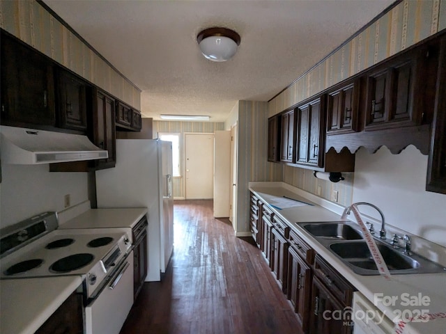 kitchen featuring dishwasher, sink, hardwood / wood-style flooring, electric range, and a textured ceiling