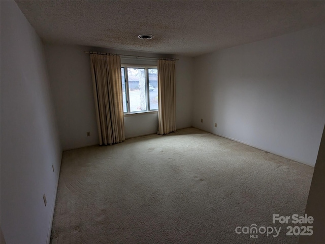 spare room featuring light carpet and a textured ceiling