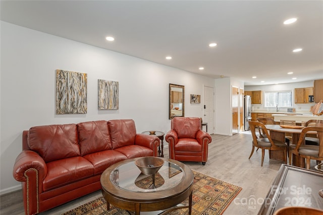 living room featuring sink and light hardwood / wood-style flooring