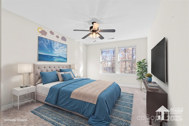 carpeted bedroom with ceiling fan