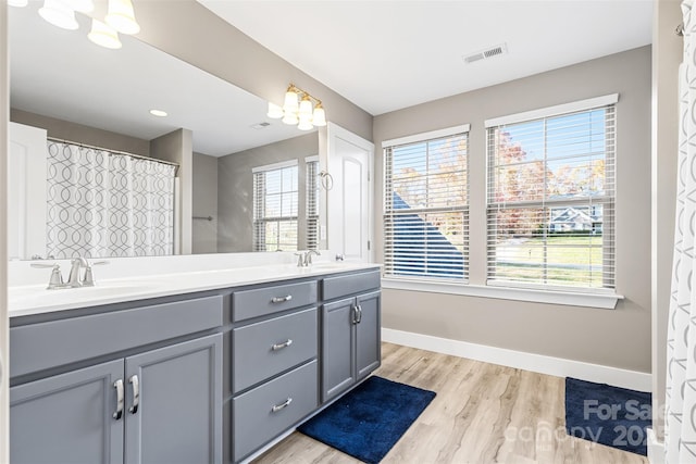 bathroom featuring hardwood / wood-style flooring and vanity