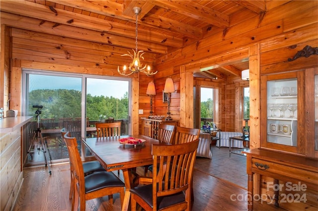 dining space featuring beam ceiling, dark hardwood / wood-style flooring, a notable chandelier, and wood ceiling