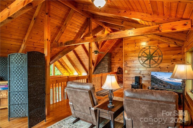 sitting room with light wood-type flooring, wooden ceiling, and wooden walls