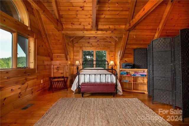 bedroom featuring wood-type flooring, wooden walls, vaulted ceiling with beams, and wooden ceiling