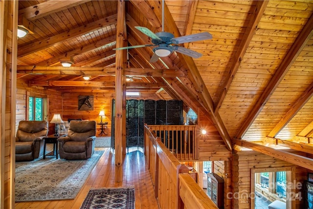 living room with lofted ceiling with beams, light hardwood / wood-style flooring, wooden ceiling, and wood walls