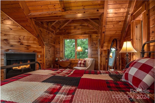 unfurnished bedroom with lofted ceiling with beams, wooden ceiling, and wooden walls