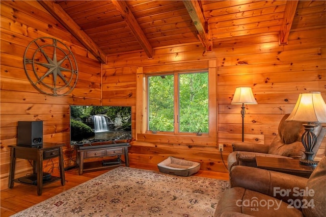 living room featuring wood ceiling, lofted ceiling with beams, wooden walls, and wood-type flooring