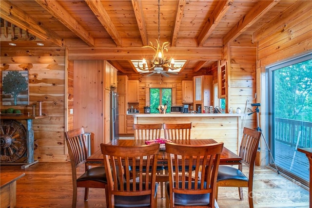 dining space with a chandelier, hardwood / wood-style flooring, wood walls, and wood ceiling