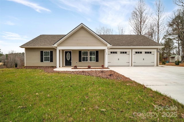 single story home featuring driveway, a front lawn, a garage, and roof with shingles