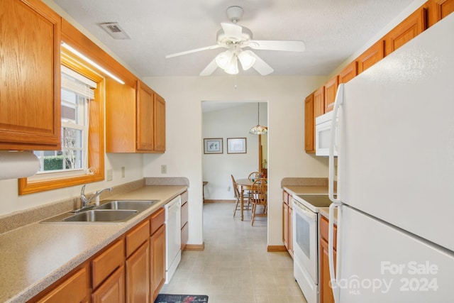 kitchen featuring ceiling fan, sink, hanging light fixtures, a textured ceiling, and white appliances