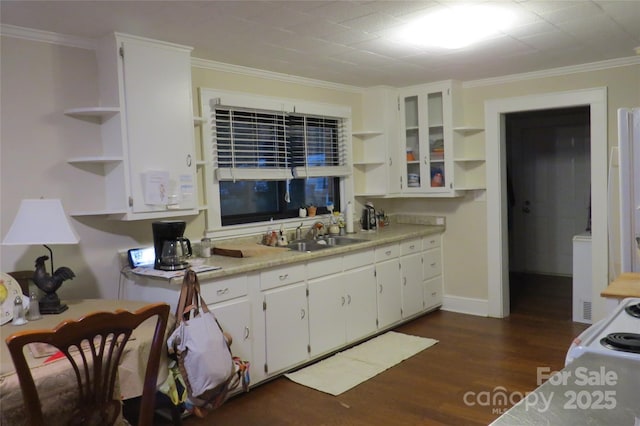 kitchen featuring white cabinets, dark wood finished floors, crown molding, open shelves, and a sink