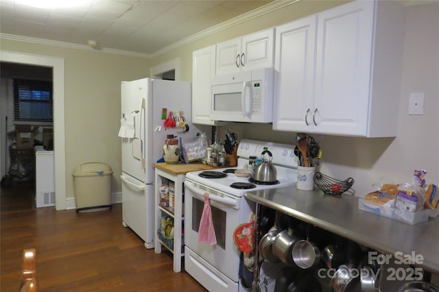 kitchen with ornamental molding, white appliances, white cabinets, and dark wood-type flooring