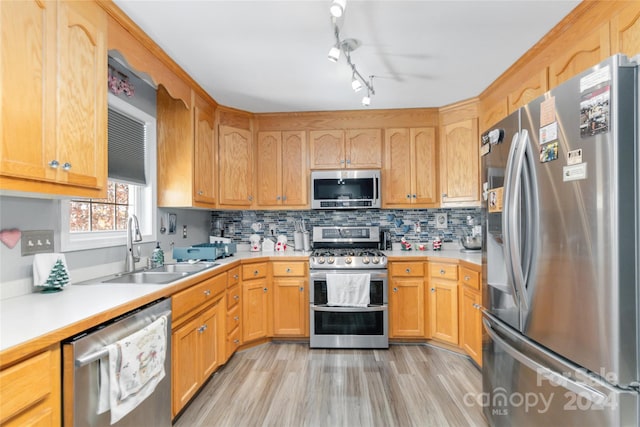 kitchen featuring tasteful backsplash, sink, appliances with stainless steel finishes, and light hardwood / wood-style flooring