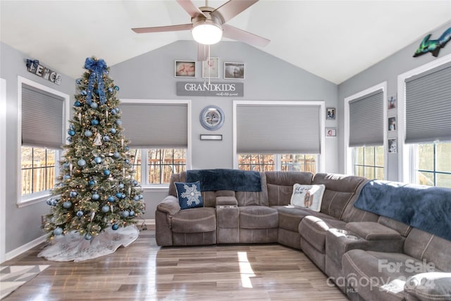 living room featuring a wealth of natural light and vaulted ceiling