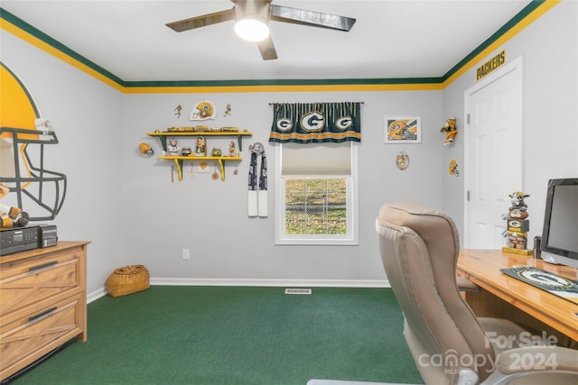 carpeted home office with ceiling fan