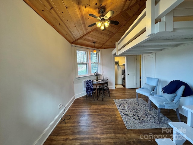 sitting room with dark hardwood / wood-style floors, ceiling fan, lofted ceiling, and wood ceiling