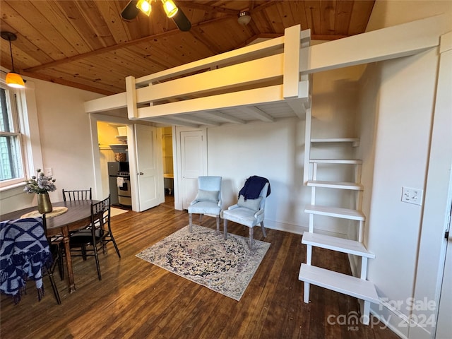 interior space with vaulted ceiling with beams, dark hardwood / wood-style flooring, and wood ceiling