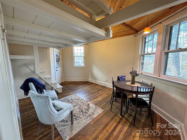 dining room with beamed ceiling, wooden ceiling, and dark wood-type flooring