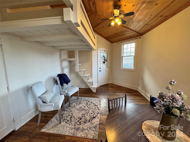 living area with dark hardwood / wood-style flooring, vaulted ceiling, ceiling fan, and wooden ceiling