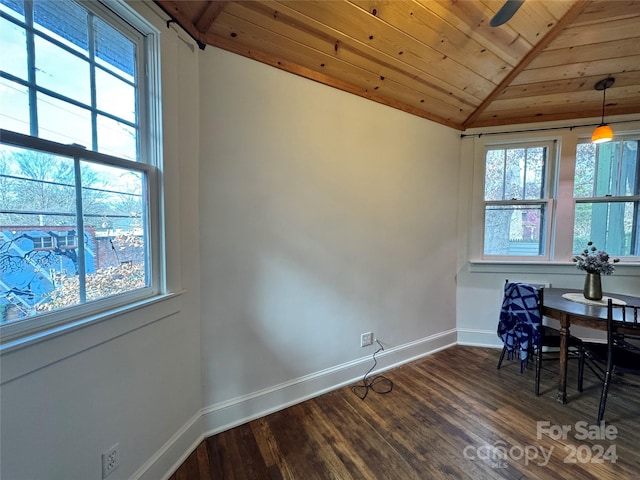 dining space featuring lofted ceiling, dark hardwood / wood-style flooring, and wooden ceiling