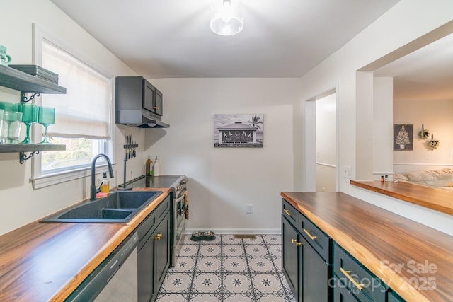 kitchen featuring sink, appliances with stainless steel finishes, and butcher block counters