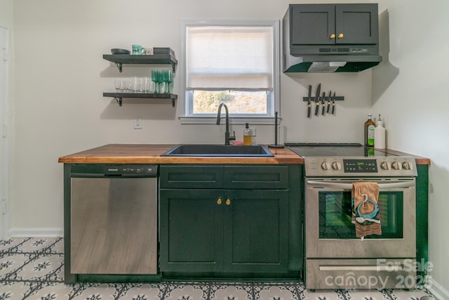 kitchen featuring sink, wood counters, and appliances with stainless steel finishes