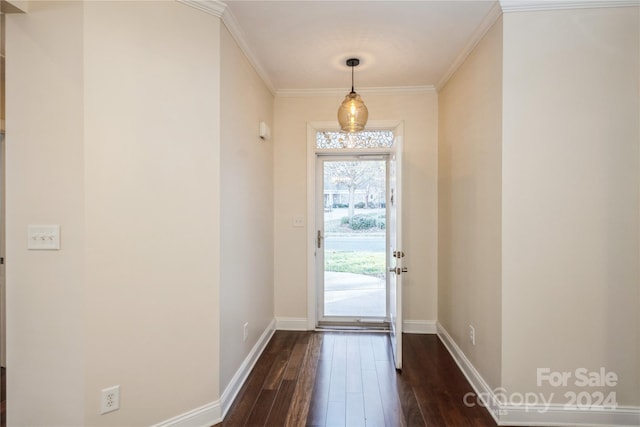 entryway with crown molding and dark hardwood / wood-style flooring