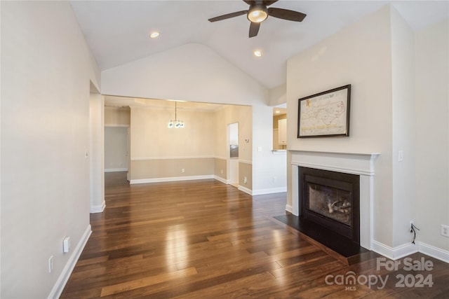 unfurnished living room featuring dark hardwood / wood-style floors, high vaulted ceiling, and ceiling fan